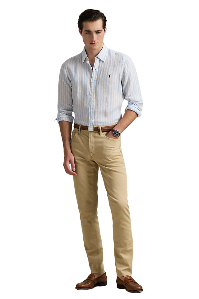 Custom Fit Striped Linen Shirt - Office Blue/White