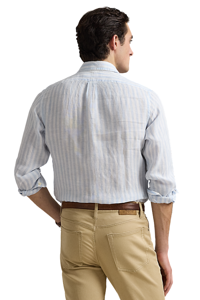 Custom Fit Striped Linen Shirt - Office Blue/White