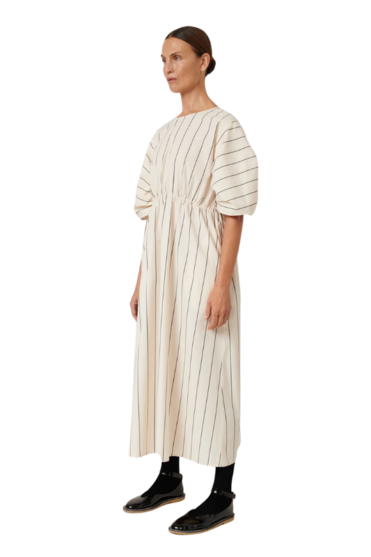 Ellora Dress - Greige Pinstripe