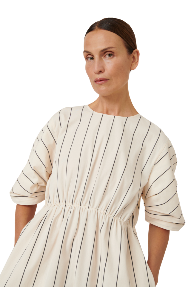 Ellora Dress - Greige Pinstripe