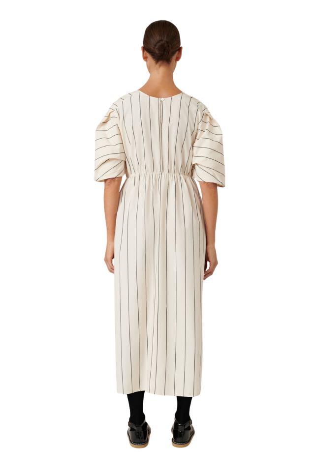 Ellora Dress - Greige Pinstripe