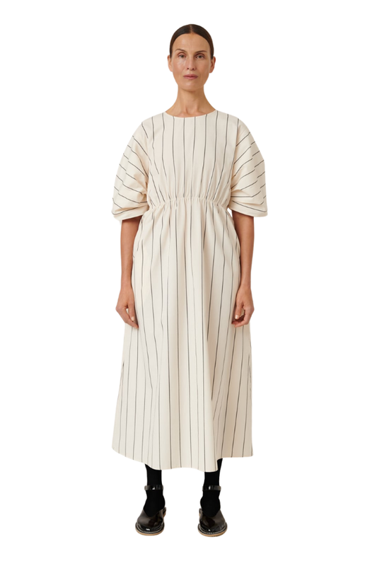 Ellora Dress - Greige Pinstripe