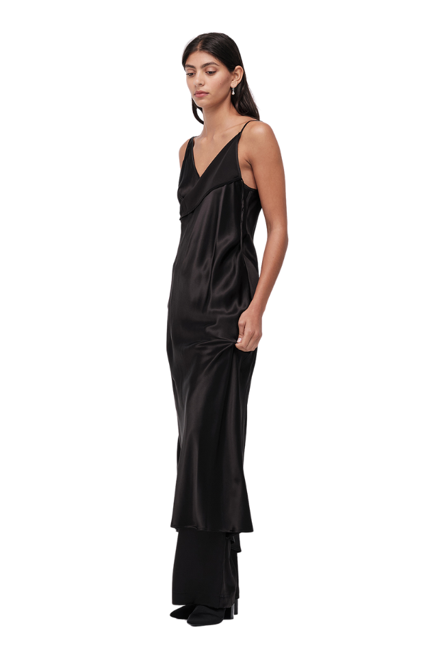 Fold Exude Slip Dress - Black Satin