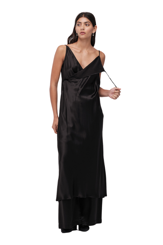 Fold Exude Slip Dress - Black Satin