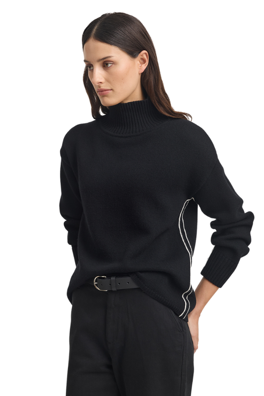 Funnel Neck Jumper - Black White Stripe