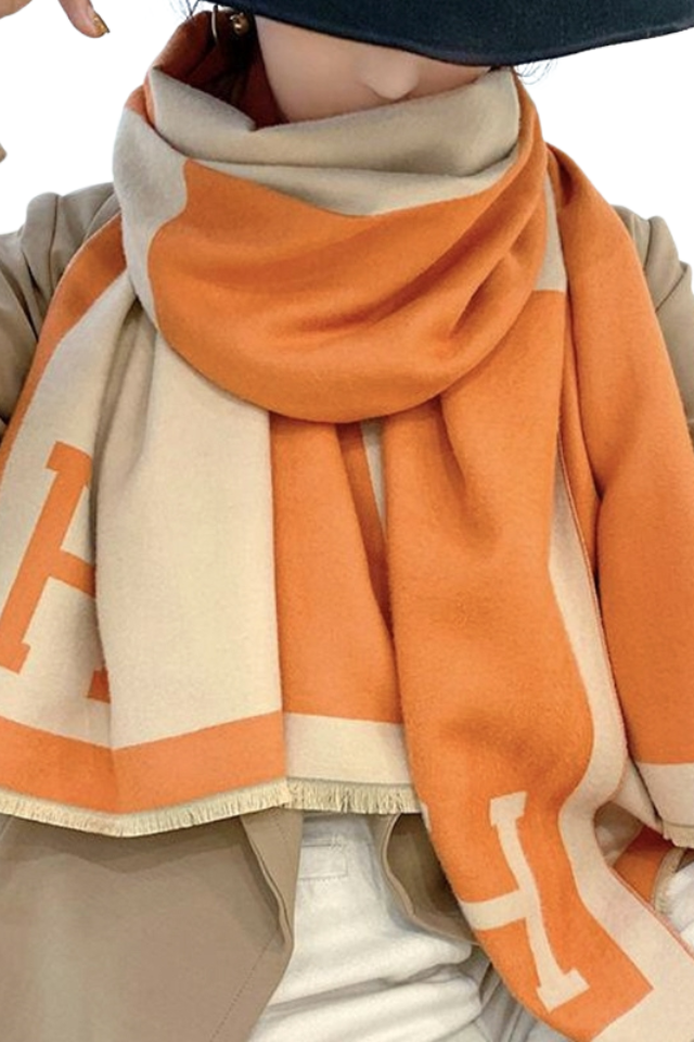 Reversible H Initial Pashmina - Orange/Cream