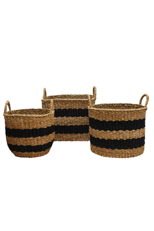 Jute Striped Baskets - Set of 3, Natural, Black