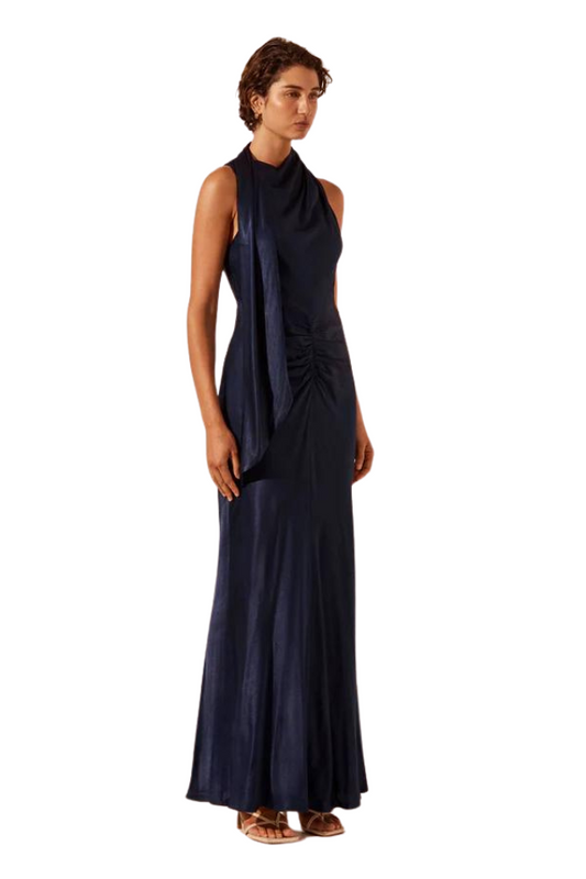 Lino Scarf Neck Maxi Dress - Deep Midnight