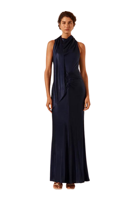 Lino Scarf Neck Maxi Dress - Deep Midnight