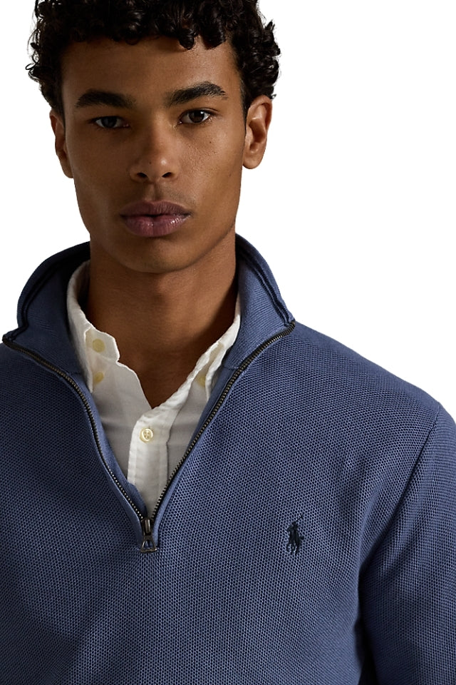 Mesh-Knit Cotton Quarter-Zip Sweater - Blue