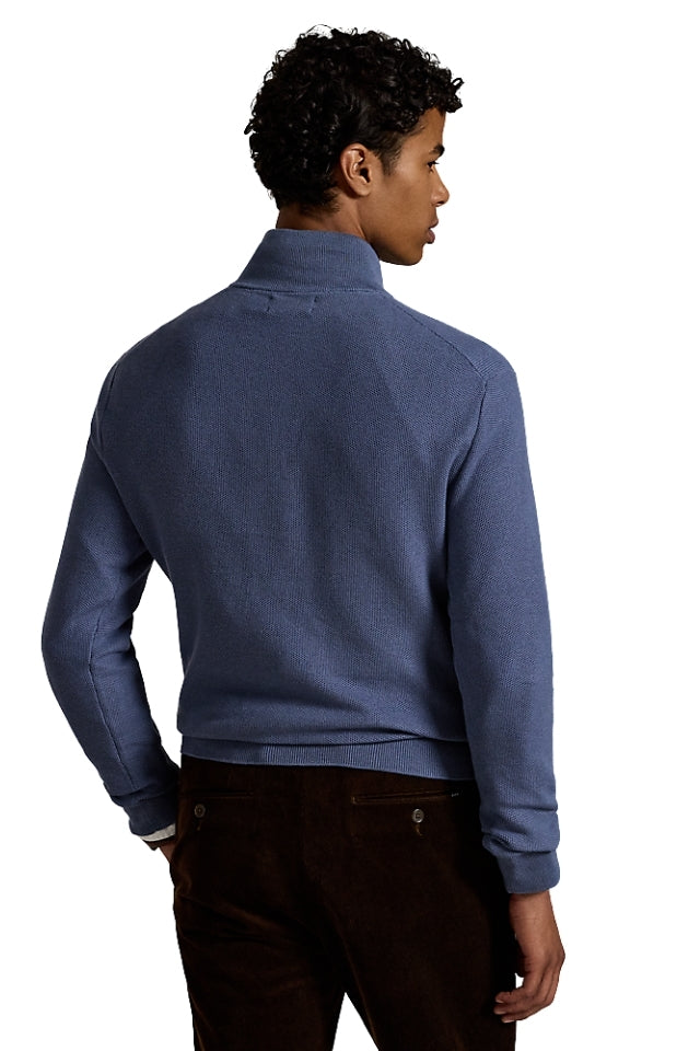 Mesh-Knit Cotton Quarter-Zip Sweater - Blue