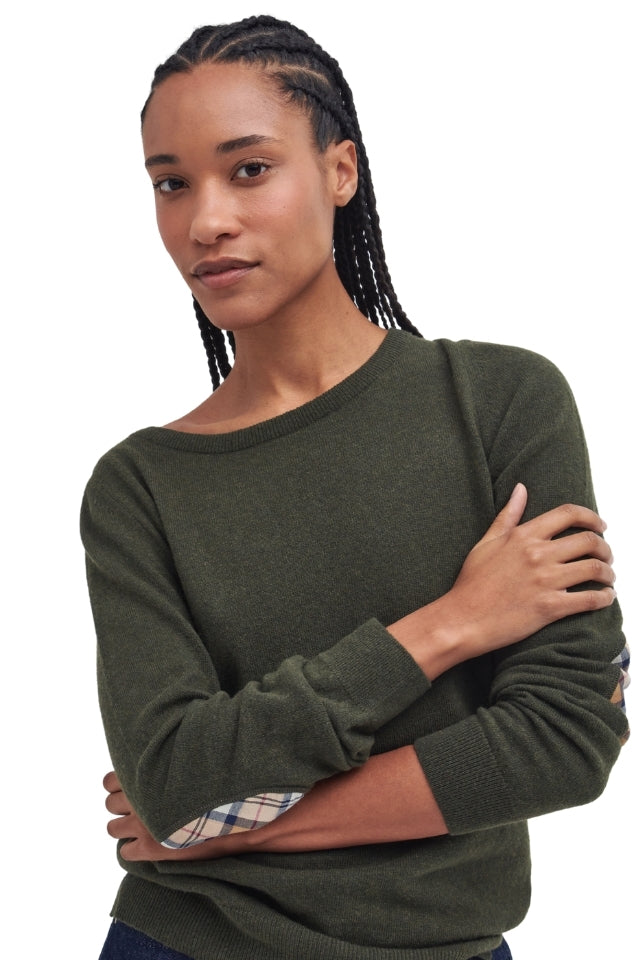 Pendle Crew Knitted Jumper - Olive/Hessian Tartan