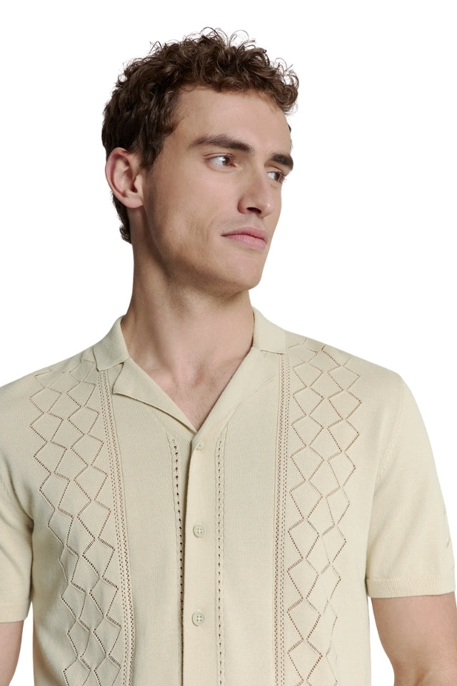 Pullover Short Sleeve Full Button Polo Solid Jacquard - Cement