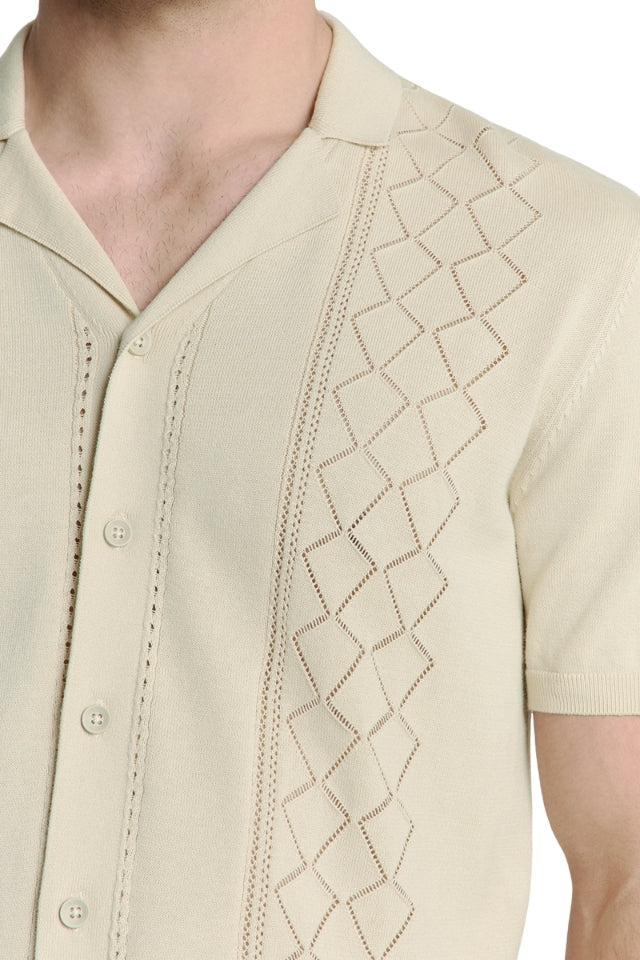 Pullover Short Sleeve Full Button Polo Solid Jacquard - Cement