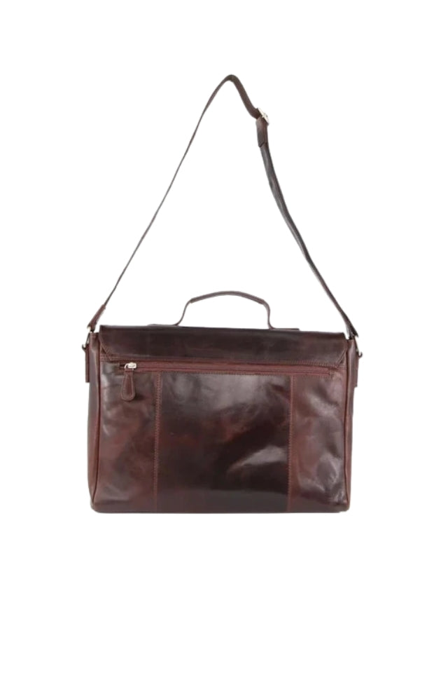 Rustic Leather Flap Over 15" Laptop Computer Bag - Dark Chocolate