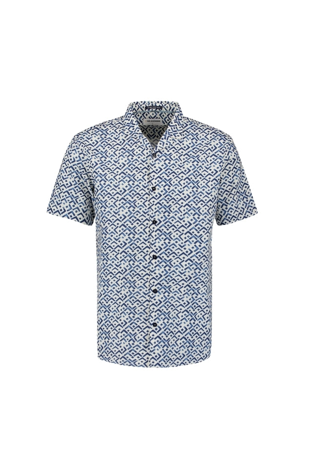 Shirt Short Sleeve Revers Collar Slub Allover Print - Indigo Blue