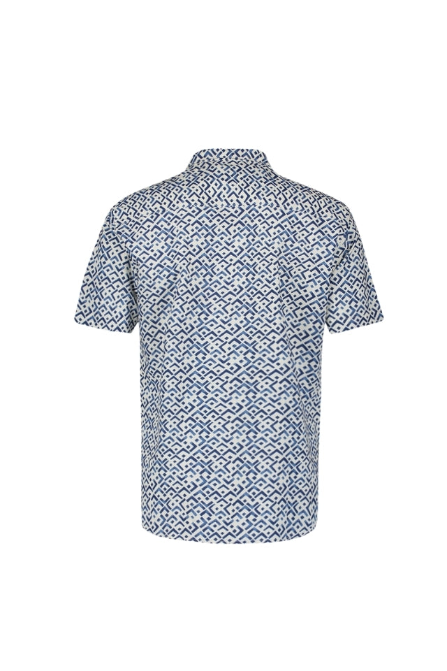 Shirt Short Sleeve Revers Collar Slub Allover Print - Indigo Blue