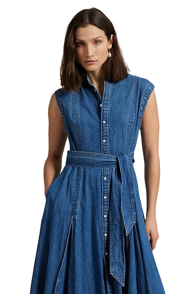 Belted Denim A-Line Shirt Dress