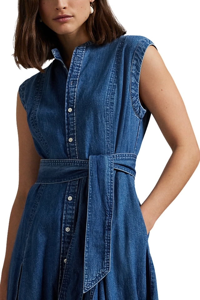 Belted Denim A-Line Shirt Dress