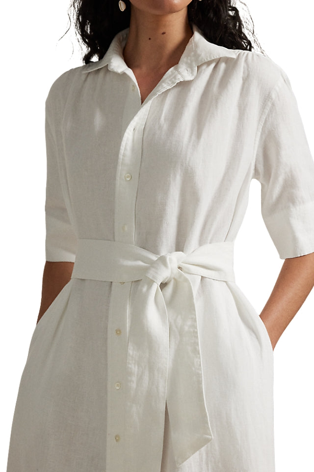 Belted Linen Shirt Dress - White