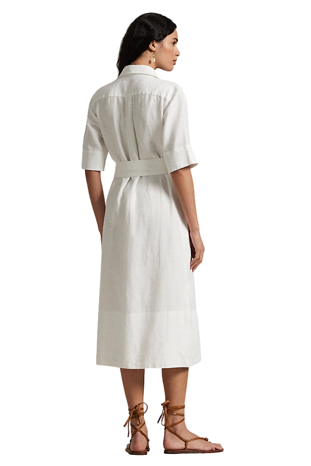 Belted Linen Shirt Dress - White