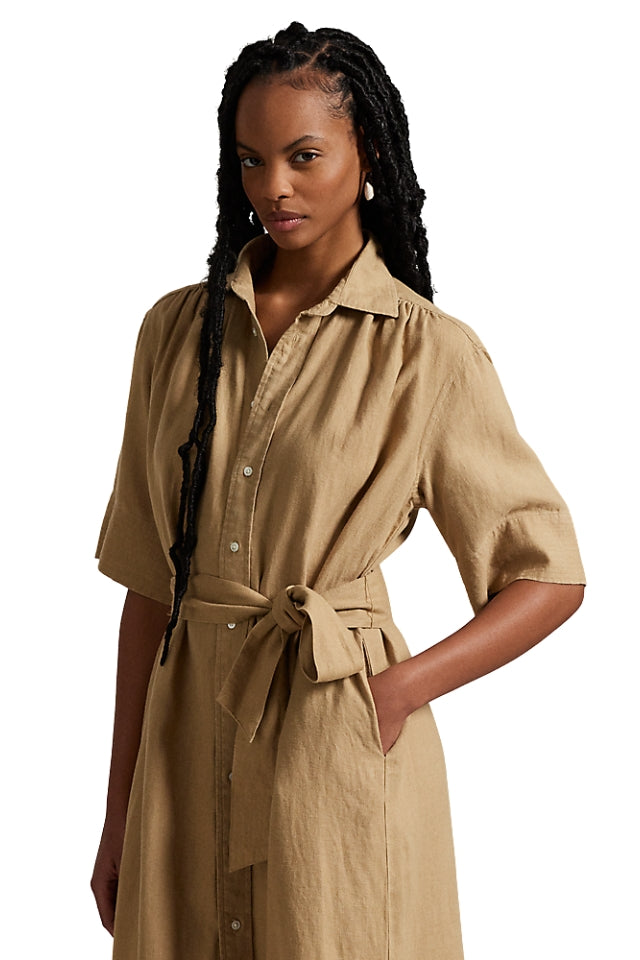 Belted Linen Shirt Dress - Camel