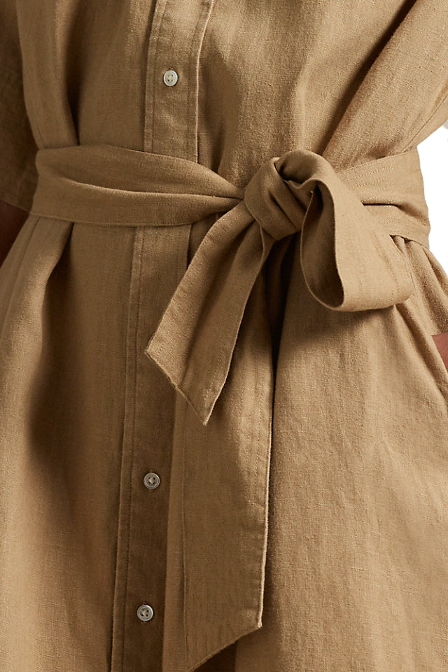 Belted Linen Shirt Dress - Camel