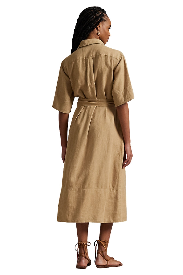 Belted Linen Shirt Dress - Camel