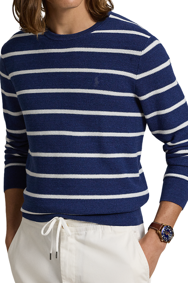 Striped Mesh-Knit Cotton Sweater - Navy Combo