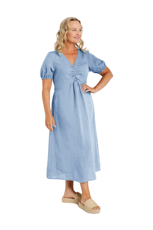 Tencel Linen Gathered Front Dress - Mist Blue