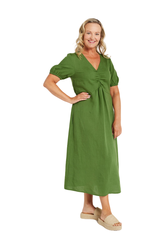 Tencel Linen Gathered Front Dress - Rose Leaf