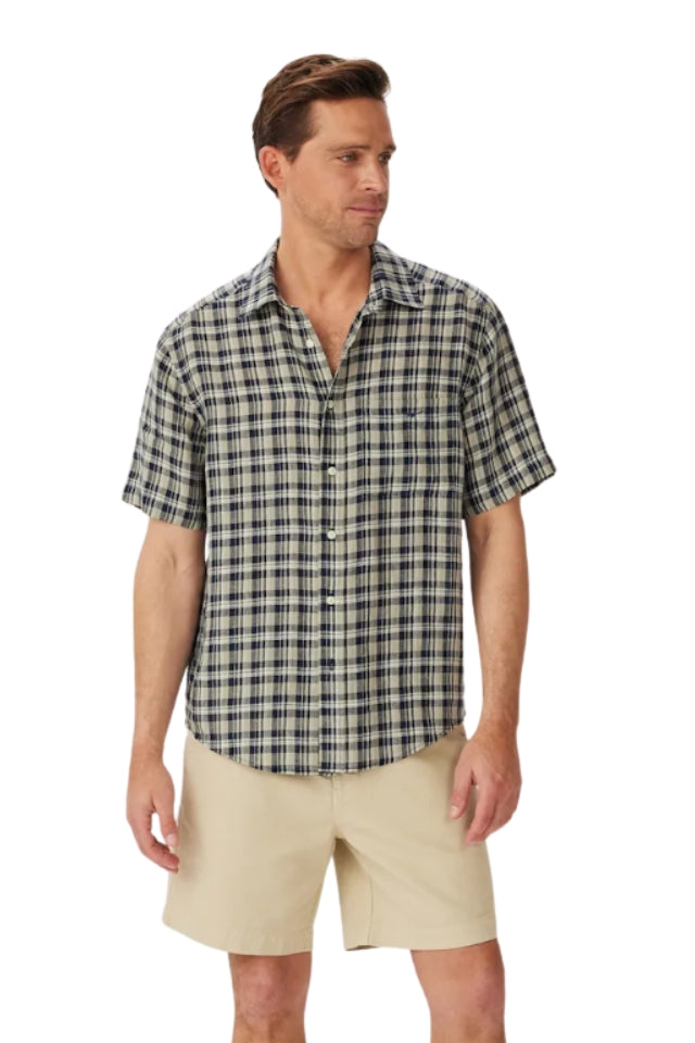 Toby Linen SS Shirt - Navy/Sage/White