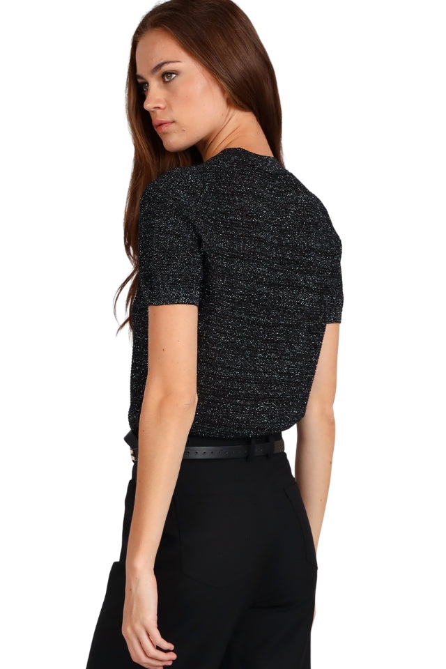 Textured Metallic Short Sleeve Sweater - Black