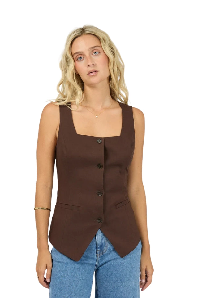 Fern Linen Vest - Brown