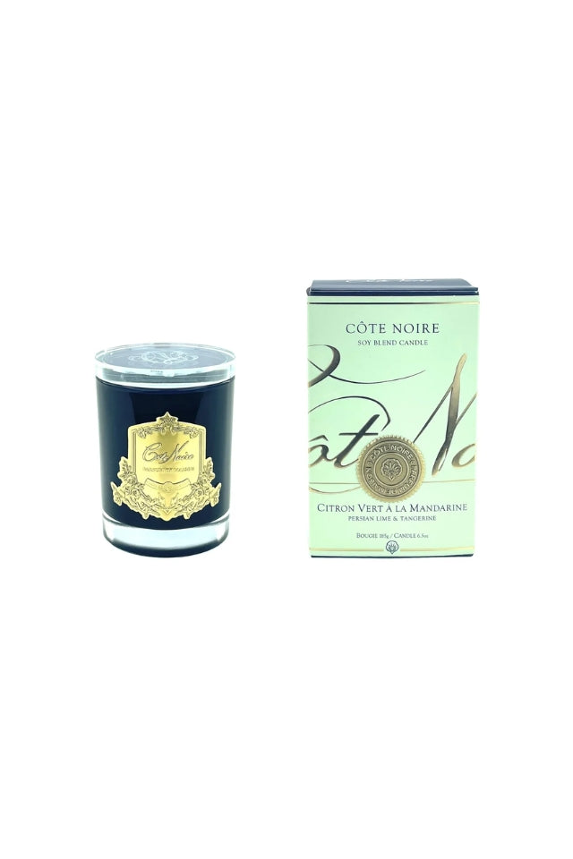185g Candle Dark Vessel with Gold Badge - Persian Lime & Tangerine