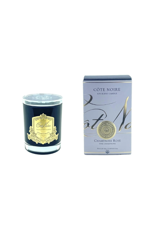 185g Candle Dark Vessel with Gold Badge - Pink Champagne