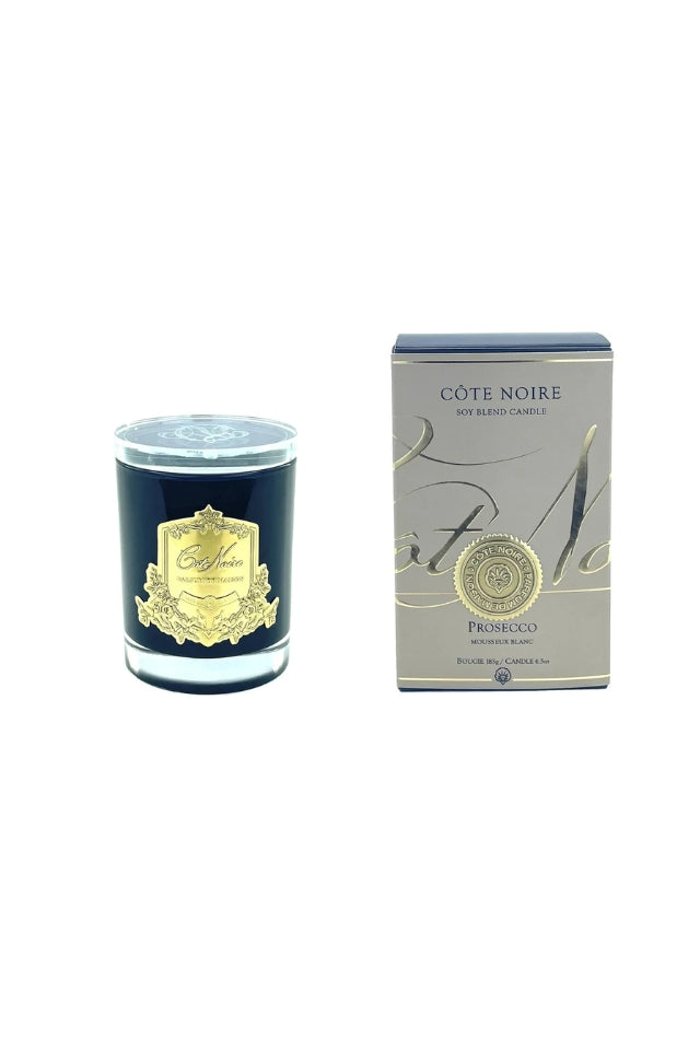 185g Candle Dark Vessel with Gold Badge - Prosecco