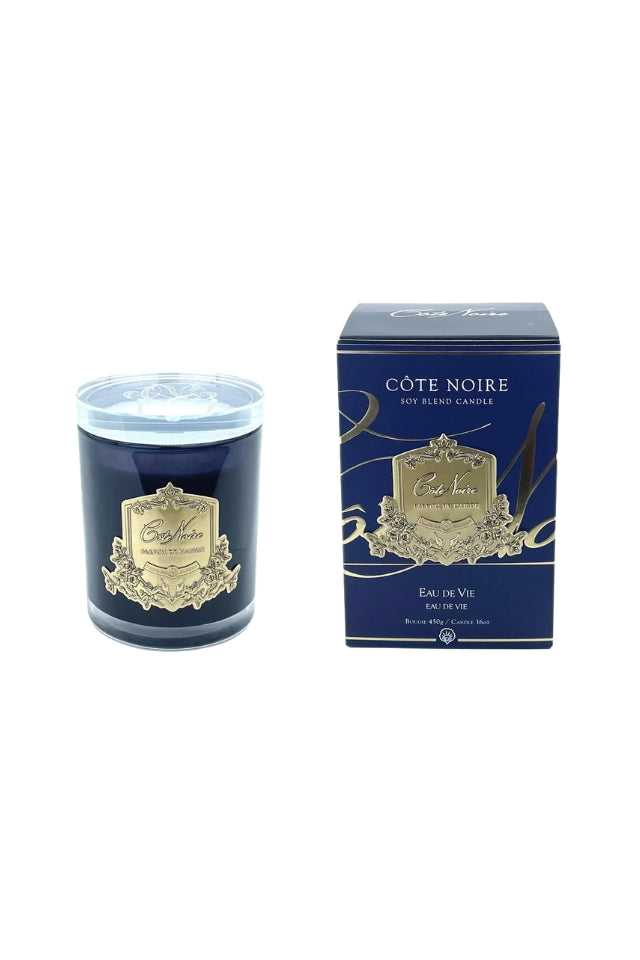 450g Candle Dark Vessel with Gold Badge - Eau De Vie