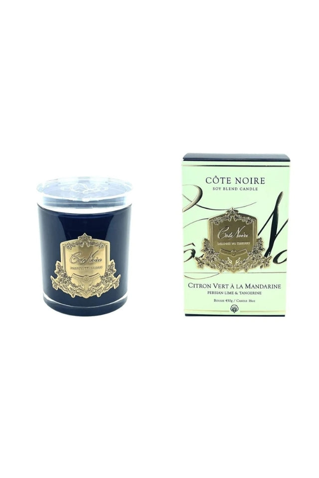 450g Candle Dark Vessel with Gold Badge - Persian Lime and Tangerine