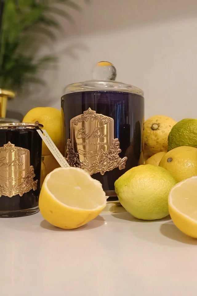 450g Candle Dark Vessel with Gold Badge - Persian Lime and Tangerine