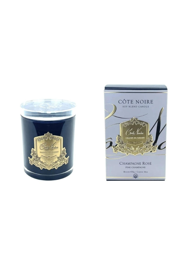 450g Candle Dark Vessel with Gold Badge - Pink Champagne
