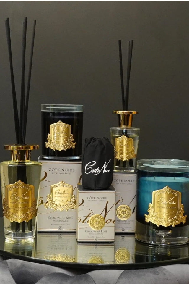 450g Candle Dark Vessel with Gold Badge - Pink Champagne