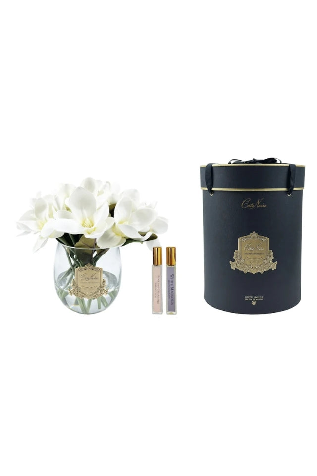 Luxury Round Magnolia Bouquet Gold Badge - Ivory White
