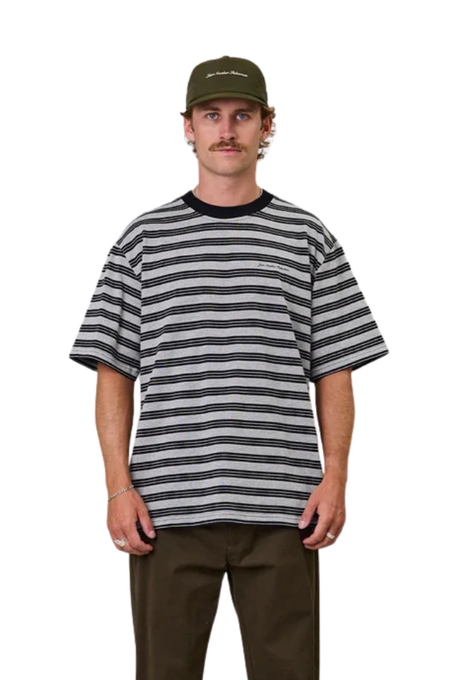 Script Heavy Shore Tee - Grey Marle Stripe