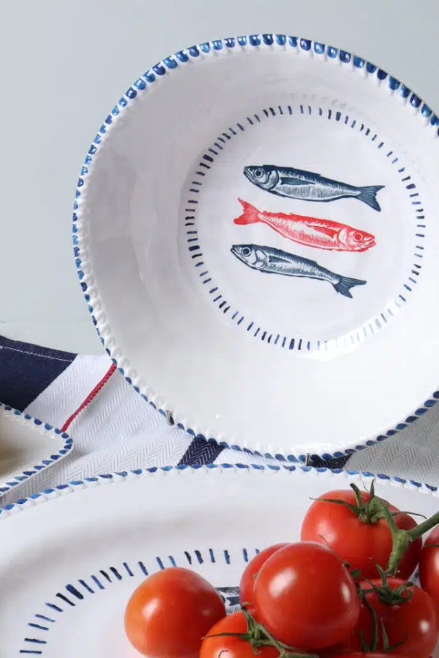 Melamine Nautical Sardine Bowl 31cm - White, Blue and Red