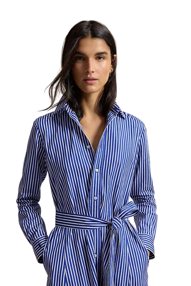 Belted Striped Cotton Shirtdress - Bright Navy/ White