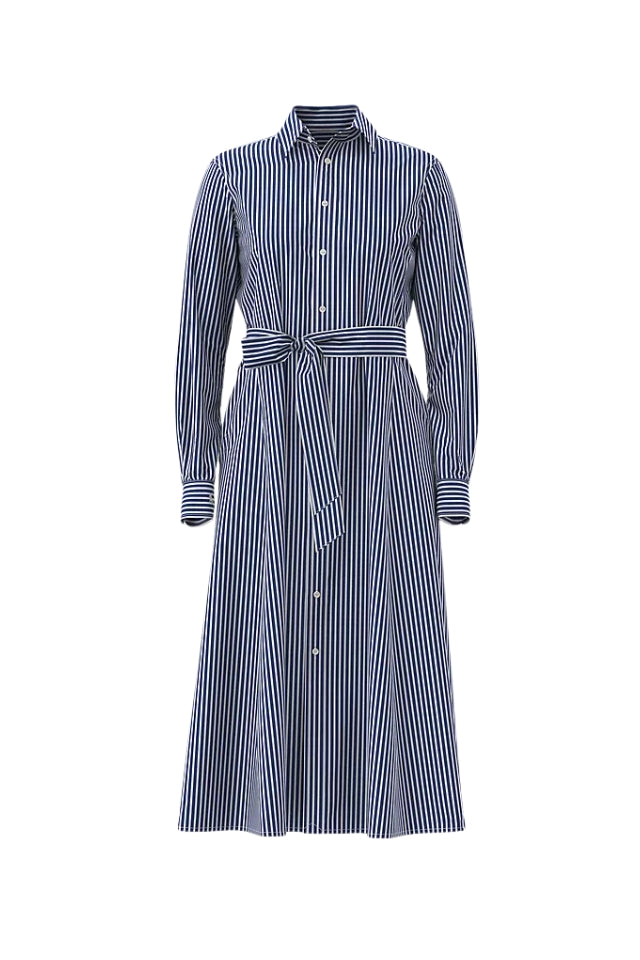 Belted Striped Cotton Shirtdress - Bright Navy/ White