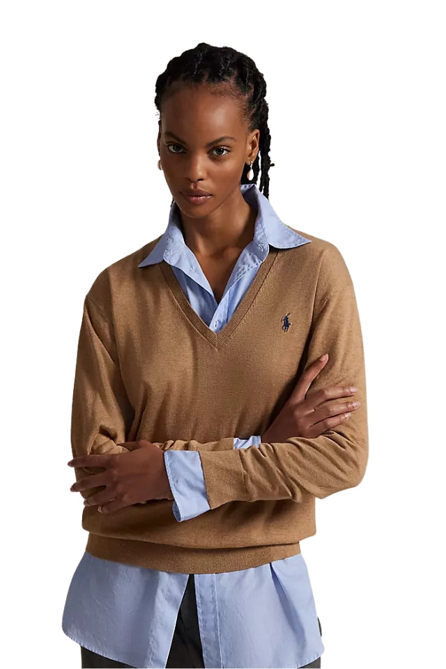 V-Neck Sweater - Camel Melange