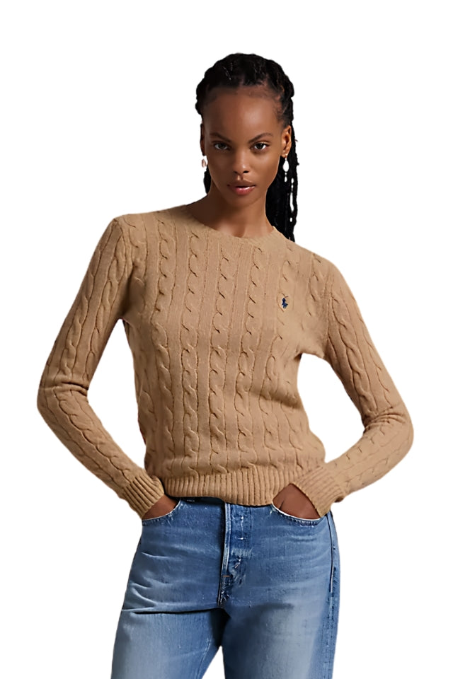 Cable Crewneck Sweater - Camel Melange