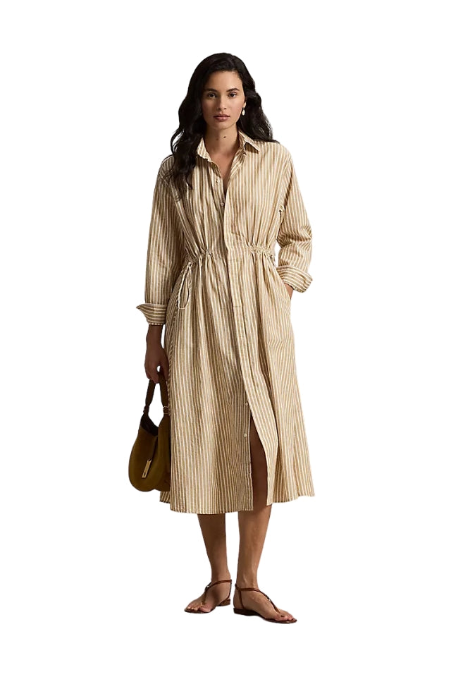 Striped Drawcord Shirtdress - Classic Camel/White